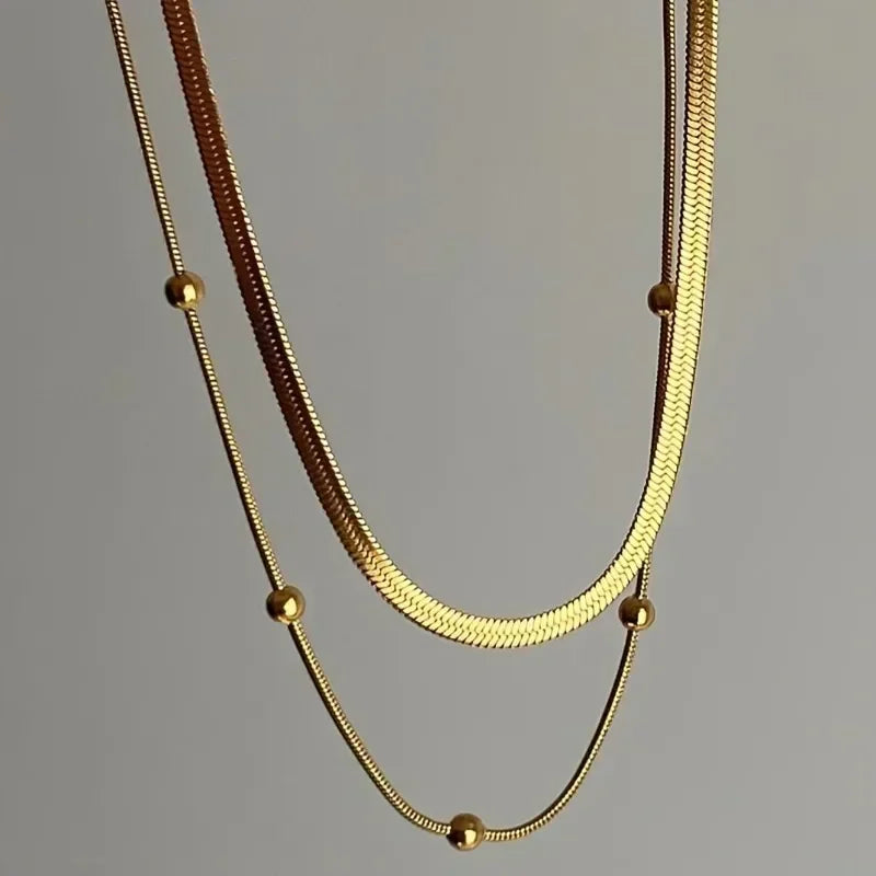 Gold Round Beads Chain Double Layers Necklace