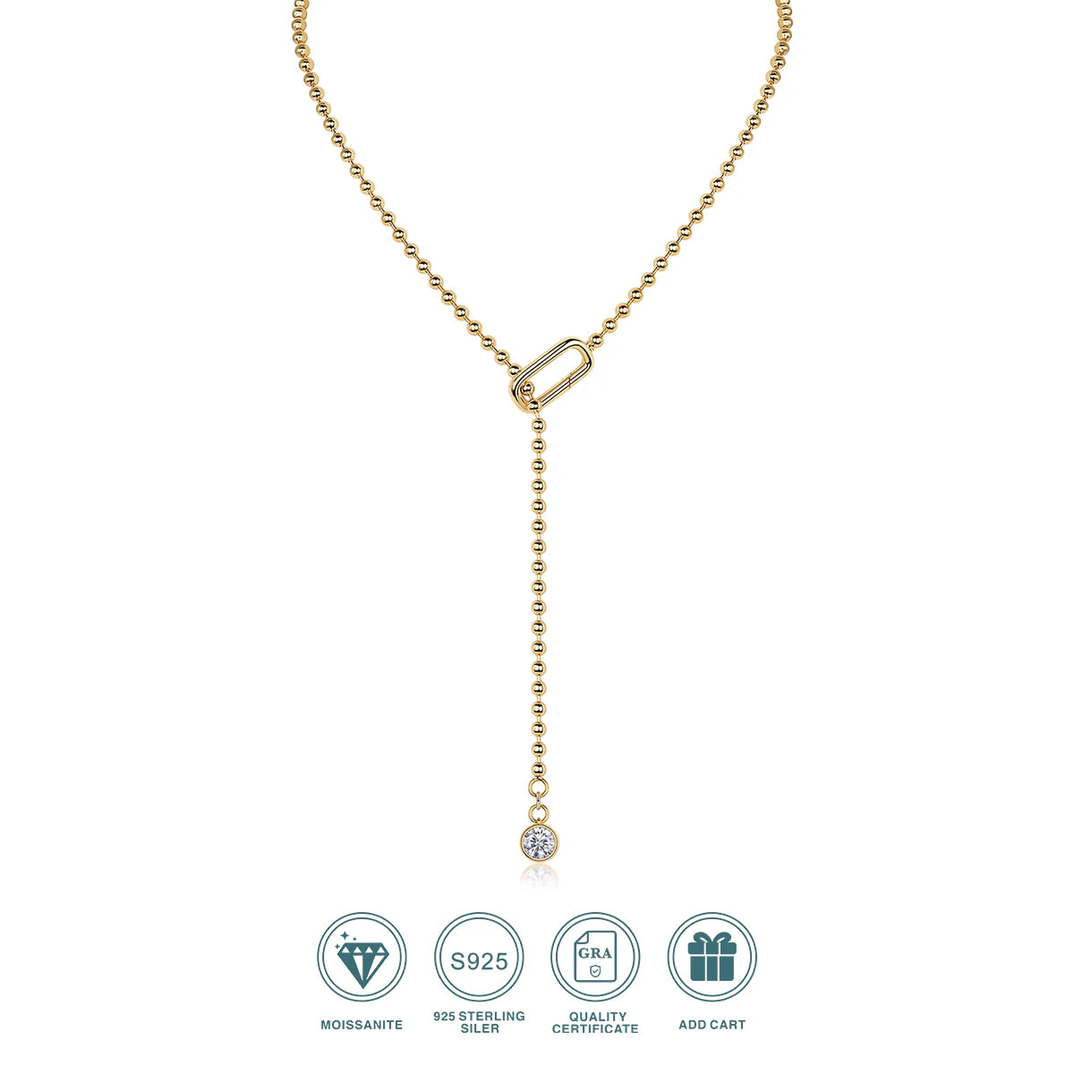 Moissanite Y-Shape Necklace, S925 Silver, 18K Gold Plated