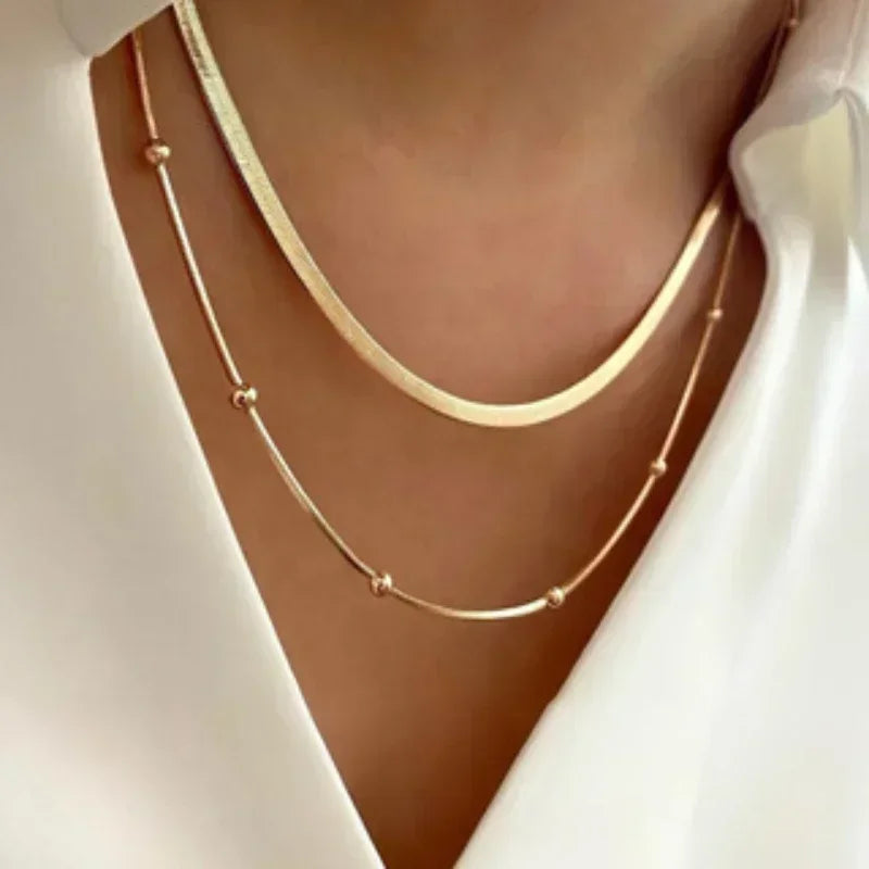 Gold Round Beads Chain Double Layers Necklace