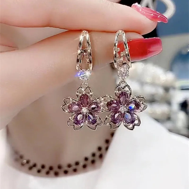 French Vintage Crystal Zircon Red Maple Leaf Earrings