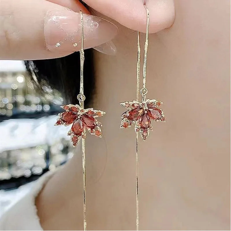 French Vintage Crystal Zircon Red Maple Leaf Earrings