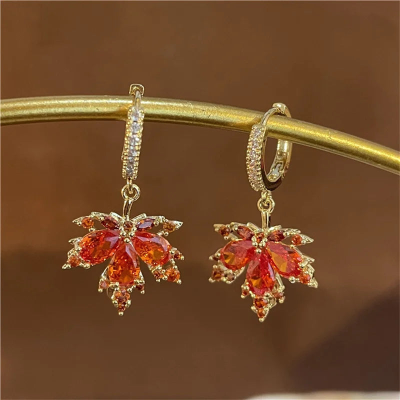 French Vintage Crystal Zircon Red Maple Leaf Earrings