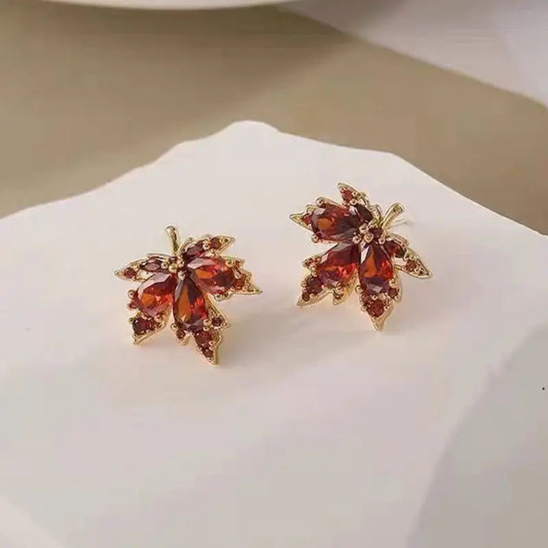 French Vintage Crystal Zircon Red Maple Leaf Earrings