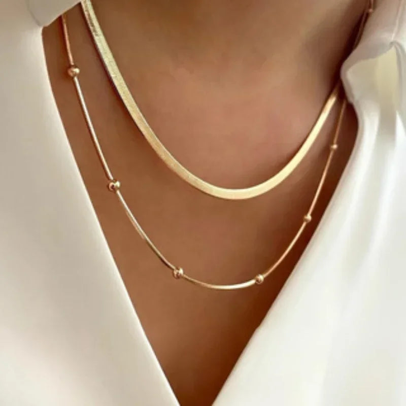 Gold Round Beads Chain Double Layers Necklace