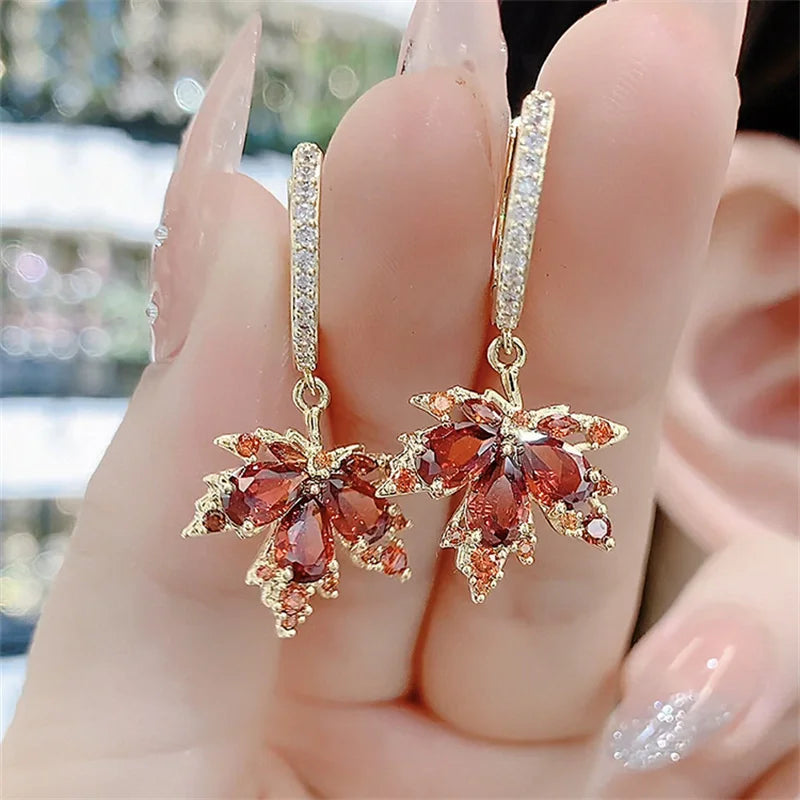 French Vintage Crystal Zircon Red Maple Leaf Earrings